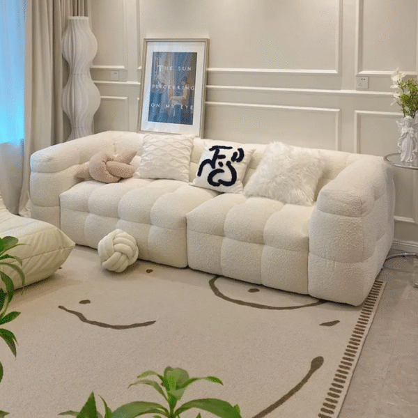 Creamy-flavored marshmallow lambskin sofa for small-sized living room. French vintage style. BOBA minimalist Nordic fabric sofa. - 图片 5