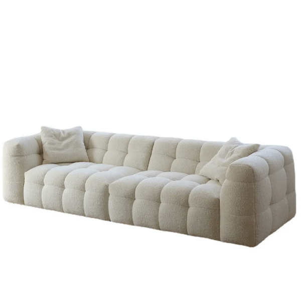 Creamy-flavored marshmallow lambskin sofa for small-sized living room. French vintage style. BOBA minimalist Nordic fabric sofa.