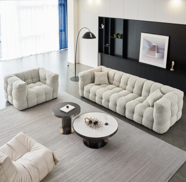 Creamy-flavored marshmallow lambskin sofa for small-sized living room. French vintage style. BOBA minimalist Nordic fabric sofa. - 图片 3
