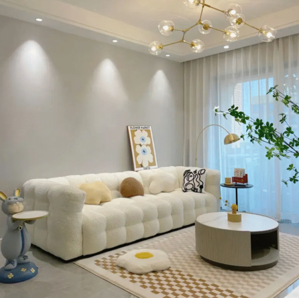 Creamy-flavored marshmallow lambskin sofa for small-sized living room. French vintage style. BOBA minimalist Nordic fabric sofa. - 图片 2