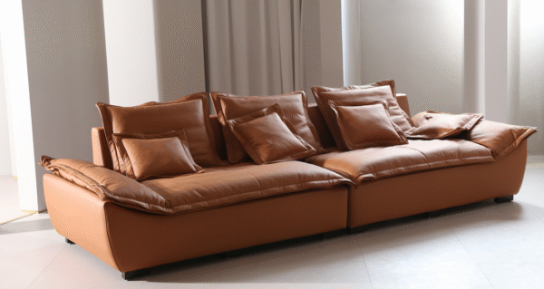 Leather sofa for the living room, modern and minimalist style, boat theme, luxurious and relaxed vibe, Italian minimalist design, extra-wide seating depth, advanced technology fabric.