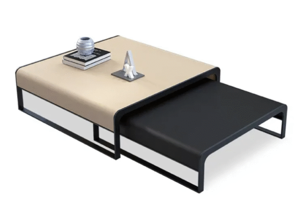 A set of small and large coffee tables for a modern and slightly luxurious living room in a small apartment. The high-end glossy finish and creative square design make them a trendy choice.