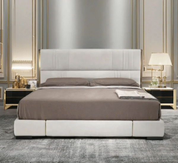 Italian minimalist luxury leather bed with large screen headboard, custom-designed villa duplex, modern double bed by a designer