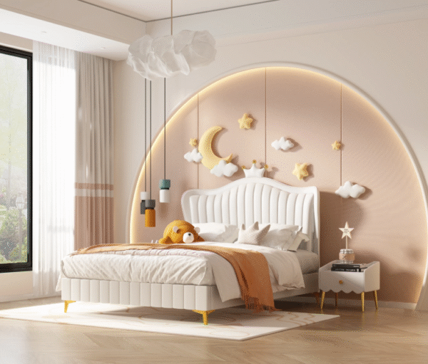 Cream style children's bed - girl's modern minimalist white crown princess bed with soft padding and genuine leather, suitable for the bedroom. - 图片 2