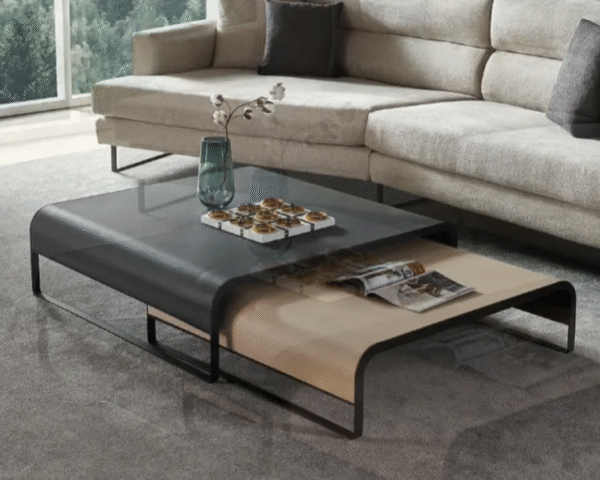 A set of small and large coffee tables for a modern and slightly luxurious living room in a small apartment. The high-end glossy finish and creative square design make them a trendy choice. - 图片 2