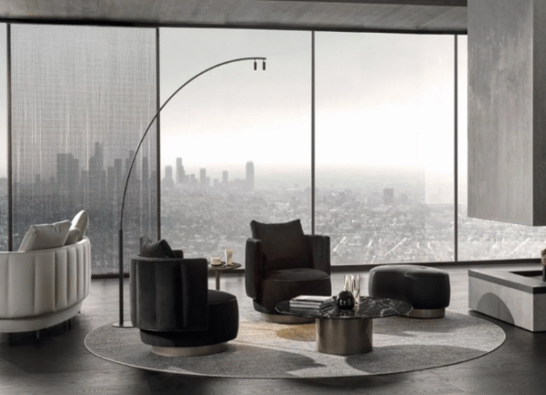 Modern light luxury style metal-bottom curved single black leather sofa for villa living room round chair minimalist rotating leisure chair - 图片 3